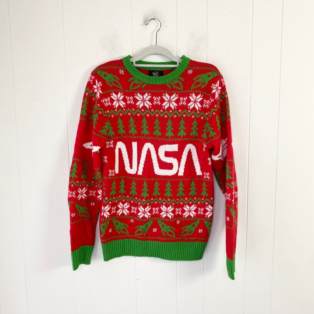 Neon Riot NASA Ugly Christmas Sweater Red Green Space Rocket Saturn Small